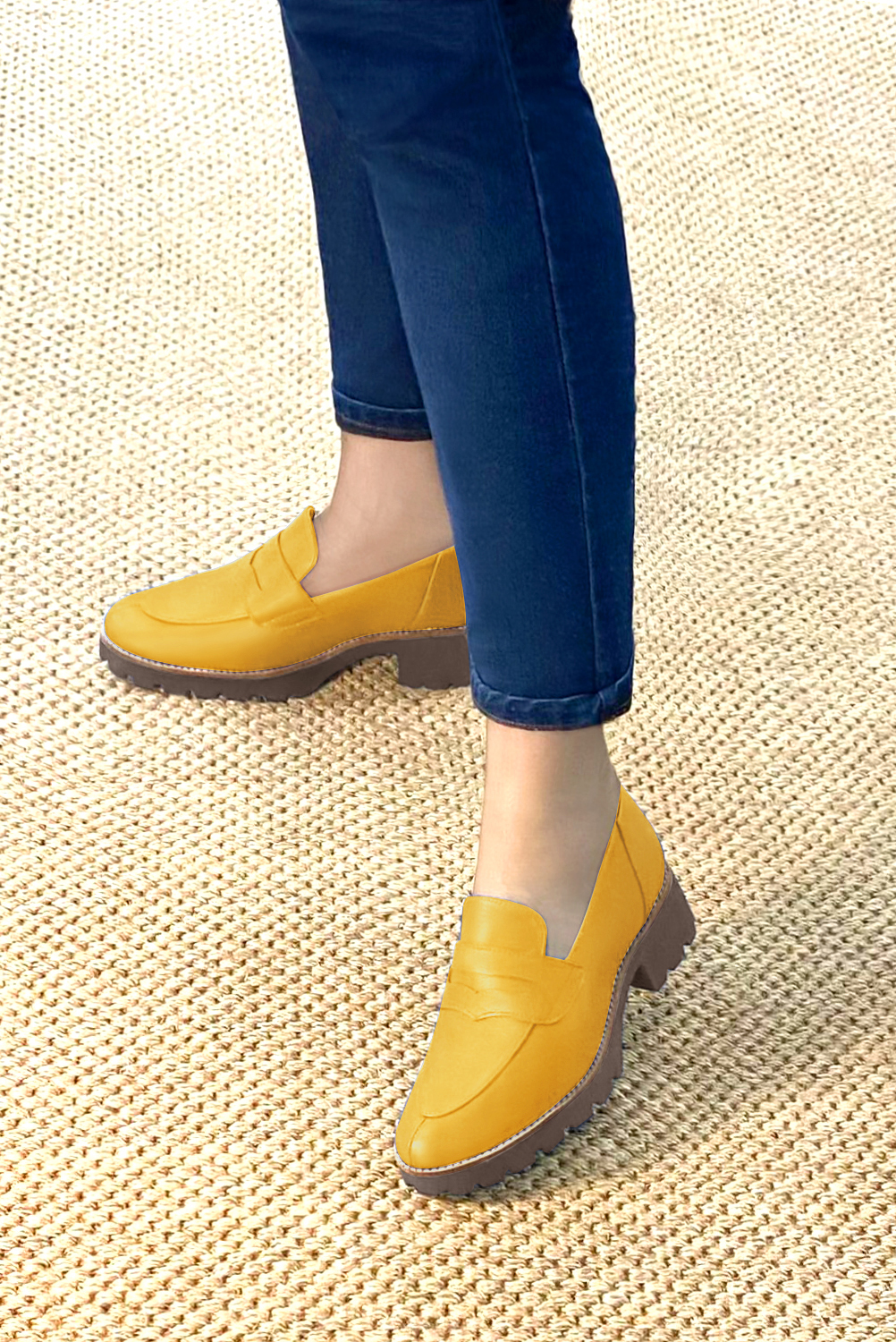 Mustard yellow women's casual loafers. Round toe. Low rubber soles. Worn view - Florence KOOIJMAN